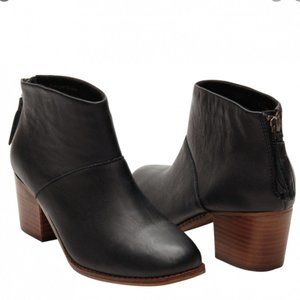 Toms Black Leather Ankle Booties with Brown Wood Heel